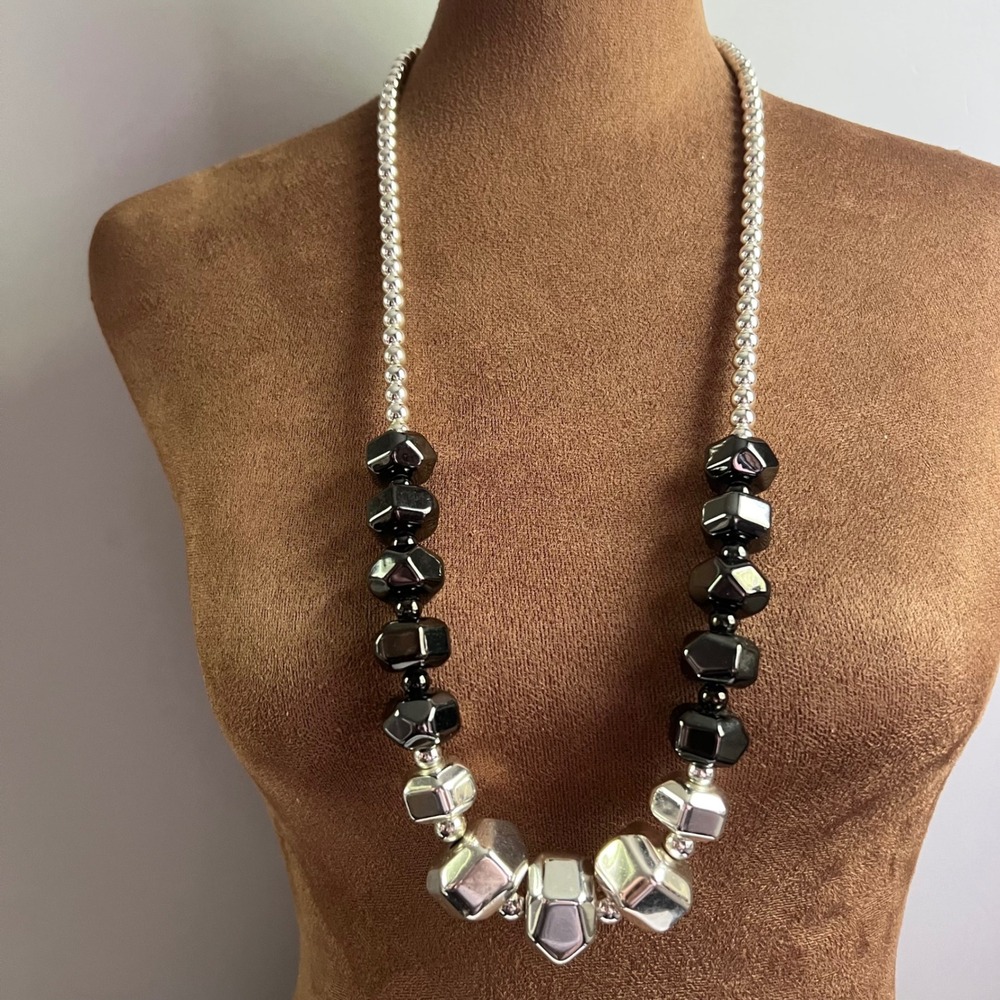 Dana Buchmann Silver Black Geometric Beaded Statement Necklace 30-32.5" Eclectic
